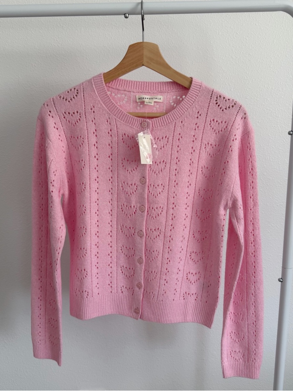 Aeropostale Pointelle Heart Crew Cardigan Pink Small NWT
